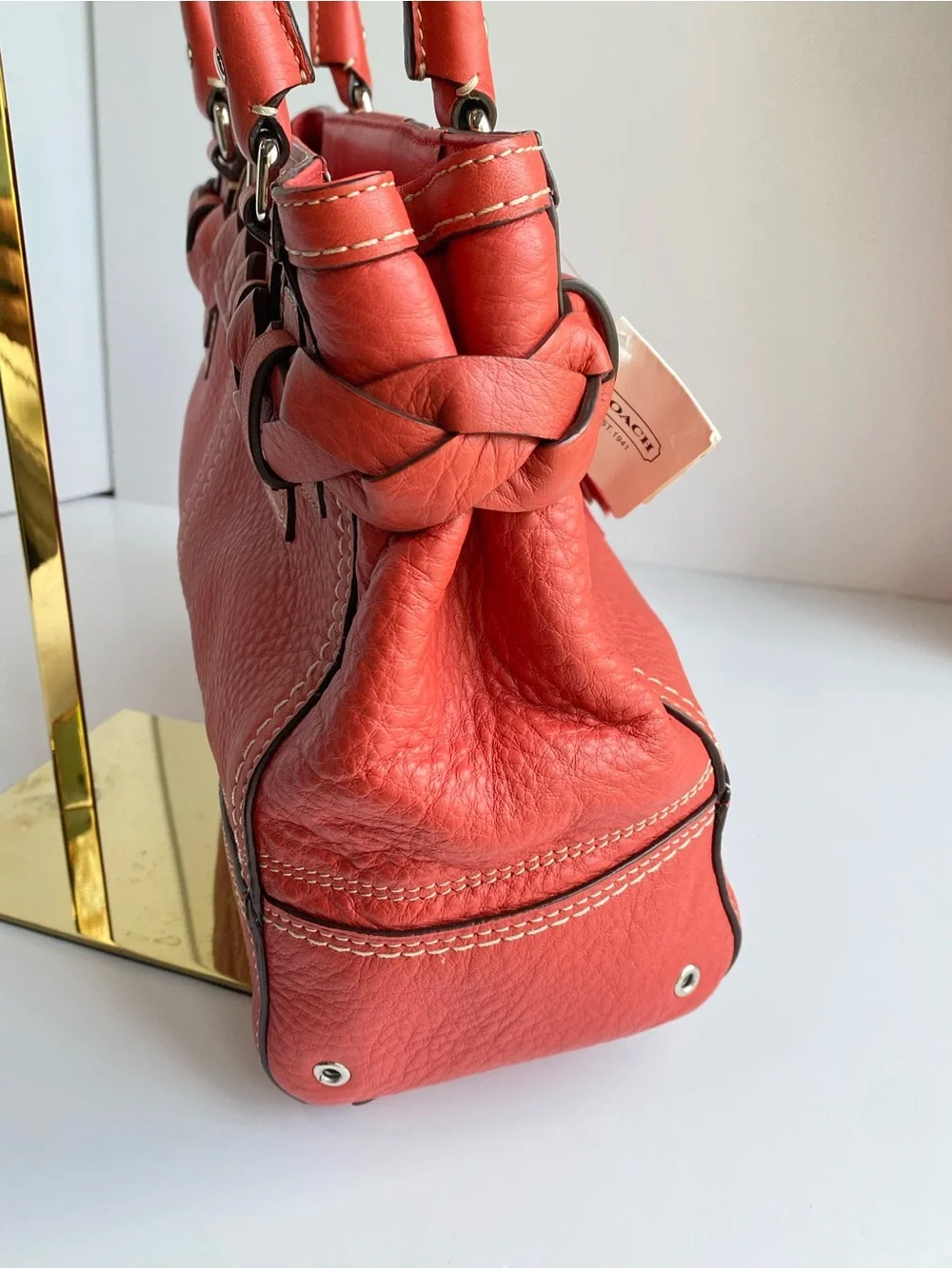 Coach Hamilton Braided Belted Leather Carryall in Coral Salmon
